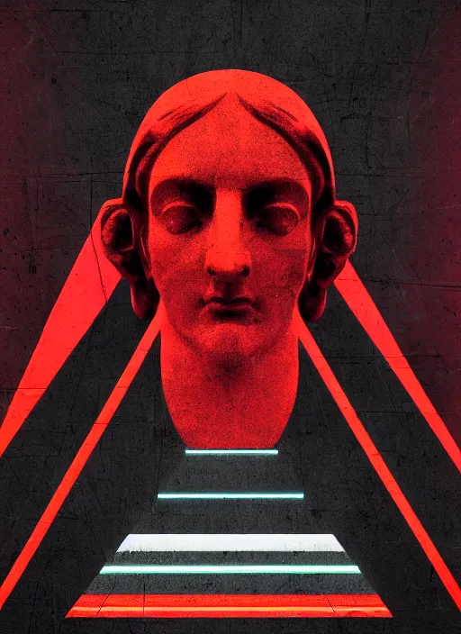 Image similar to elegant dark design poster showing a greco roman statue, black background with very subtle red purple design elements, powerful, nekro, vito acconci, thin straight lines, dark, glitch art, neo vaporwave, gritty, layout frame, square, trending on artstation