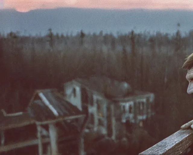 Image similar to award - winning lomographic tarkovsky film still of 4 0 years russian man with beard and sweater standing on small hrushevka 9 th floor balcony in taiga looking at sunset, cinestill, bokeh