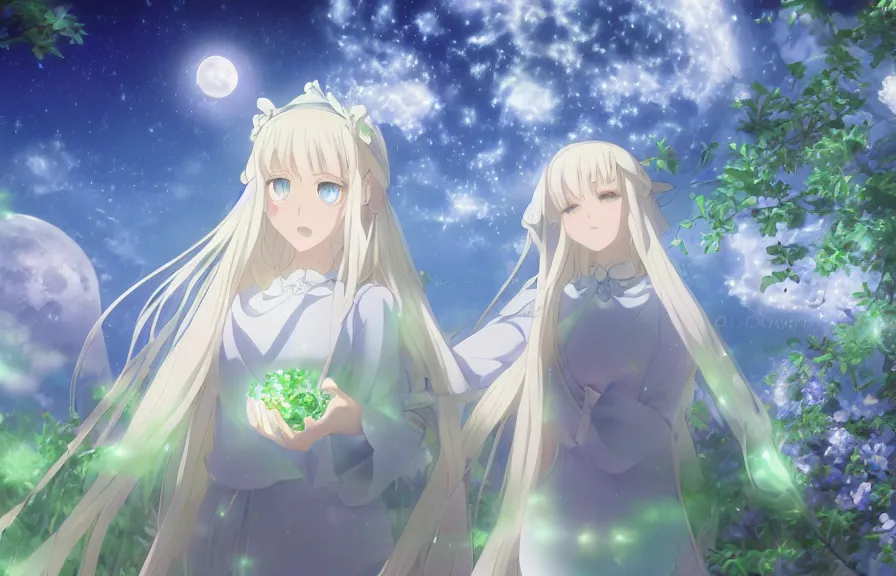 Image similar to Illyasviel holding floating green crystal | ghibli clover | Big Moon at Blue Night | Trees with white flowers | bioluminescent blue FLOWERS | strong blue rimlit | visual-key | anime illustration | highly detailed High resolution | Light Novel | Visual Novel | Gosick