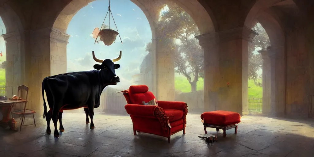 Prompt: a cow in a luxury chair reading the newspaper, vivid colors digital art, landscape, fantasy art, octane render, ureal engine, high detail, very realistic, by greg rutkowski. by james gurney