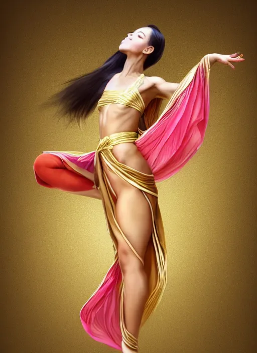 Image similar to full body portrait of a dancer throwing silk belts, feet, barefoot, full body, slightly tanned, vivacious, extremely beautiful, gold jewelry, hanfu, chinese ribbon dance, wide ribbons, silk belt, ming dynasty, detailed, realistic face, anatomically accurate, fantasy illustration, dnd, artstation, wlop.