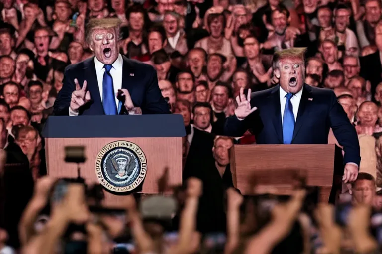 Image similar to vfx movie angry yelling pigman president of the united states speaking at podium on stage. by emmanuel lubezki