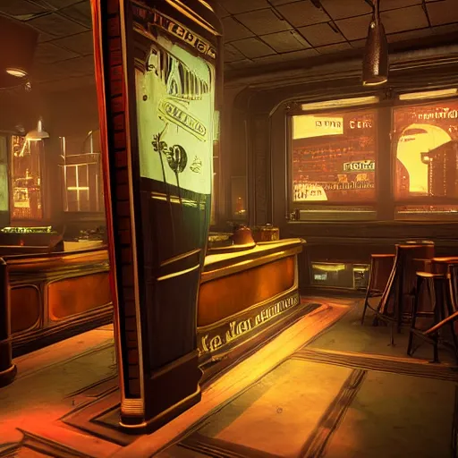 Prompt: In the world of rapture from the world of bioshock you are in a bar, there is a window that lets you see the whole city and you are drinking a rum and coke