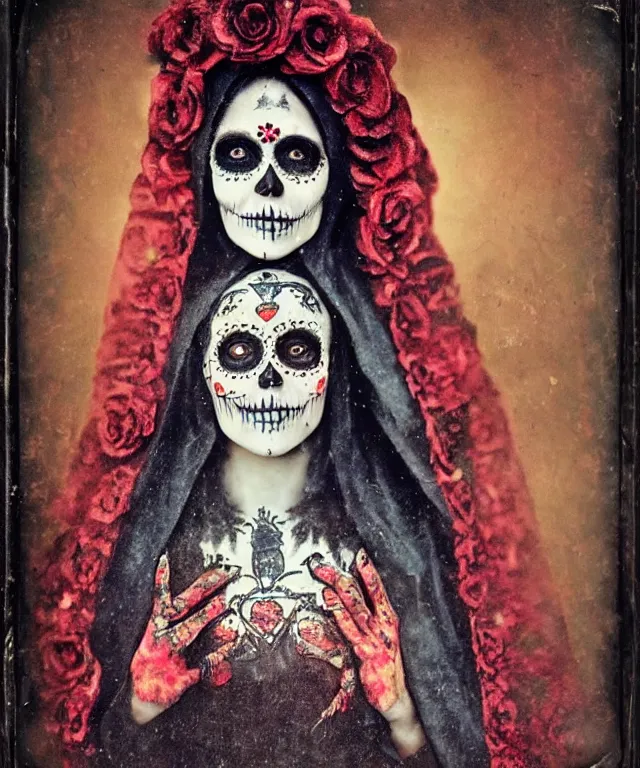 Image similar to tintype virgin mary in dia de muertos dress and make up, horrific beautiful vibe, evocative, atmospheric lighting, painted, intricate, highly detailed,