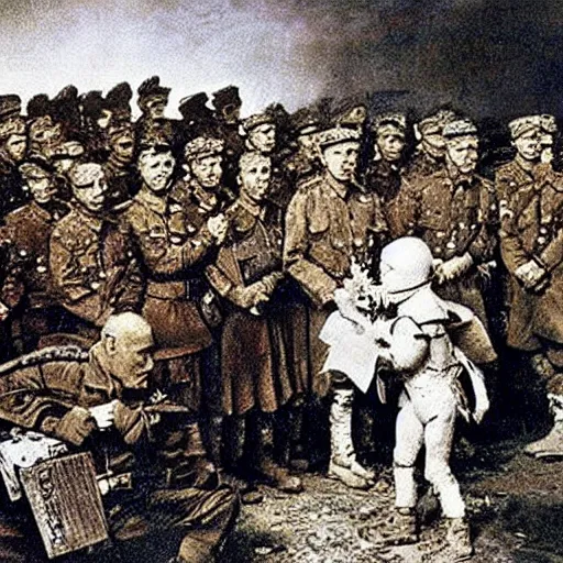 Image similar to A photo of elmo giving the troops a speech after long years of war, suffering, dark, historical moment, emotional, impressive, by Vasily Vereshchagin