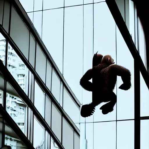 Image similar to king kong donkey kong peering in a high rise fancy apartment window, beautiful lighting action movie still from inside the apartment