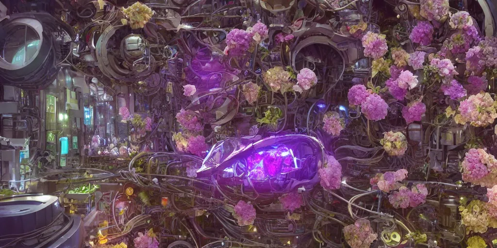 Image similar to a lovely mechanical cornucopia of flowers, sci-fi futuristic, utopian, machine parts, wires, circuits, highly detailed, octane render, cinematic