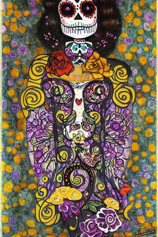 Prompt: illustration of a sugar skull day of the dead girl, art by gustav klimt