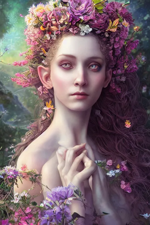 Prompt: a portrait of a beautiful elvish goddess with beautiful flowers composition in her hairs, hairs shining , fairy-like , 8k, highly detailed, sharp focus, ethereal clothes, astral environment, in style of Anna Dittmann and Mark Arial and Artgerm and Gerald Brom