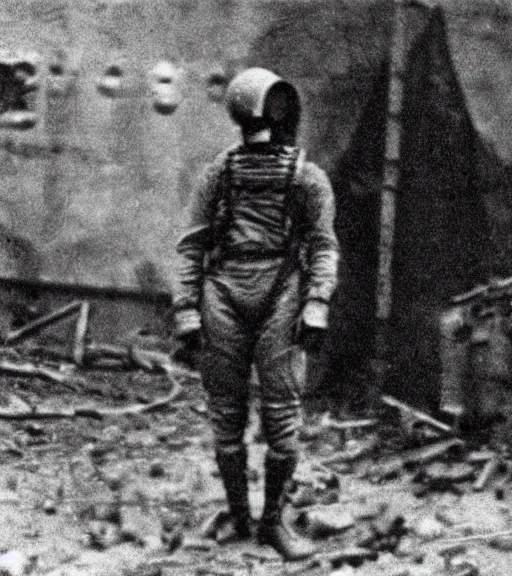Prompt: man in chemical suit and gasmask at distance in chernobyl, ww1 techicolor film photo, grainy, high detail, high resolution