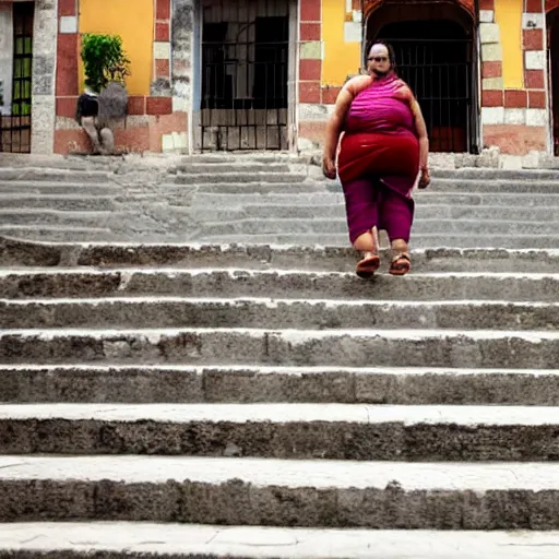 Image similar to an obese Indian woman with rollator climbing steps in Porto