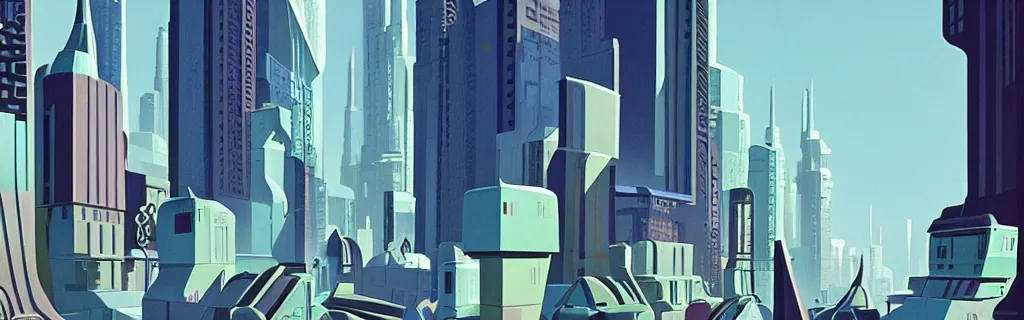 Prompt: sci - fi city street with faceted angular buildings, modernism, gouache, animated film, stylised, illustration, by eyvind earle, scott wills, genndy tartakovski, syd mead