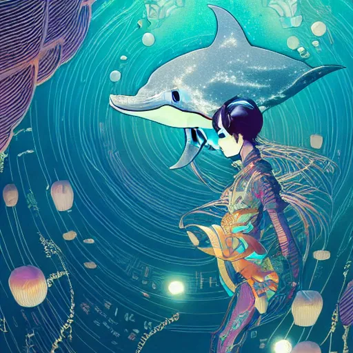 Image similar to a beautiful hyperdetailed character design 4 k wallpaper illustration of a cute dolphin, victo ngai cyberpunk style, from china, style of studio ghibli, makoto shinkai, raphael lacoste, louis comfort tiffany, artgerm, james jean, ross tran, chinese style