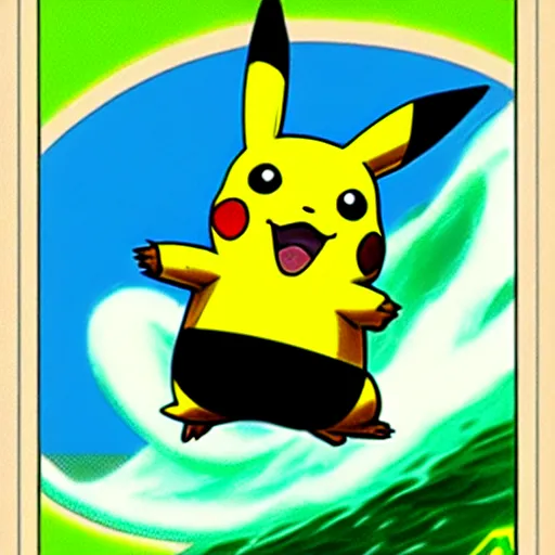 Image similar to pikachu surfing on a wave made of green slime, pokemon tcg image, trending on artstation