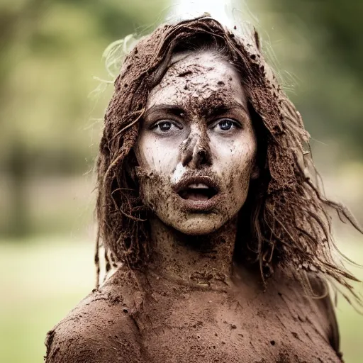 Prompt: woman with muddy face unaware