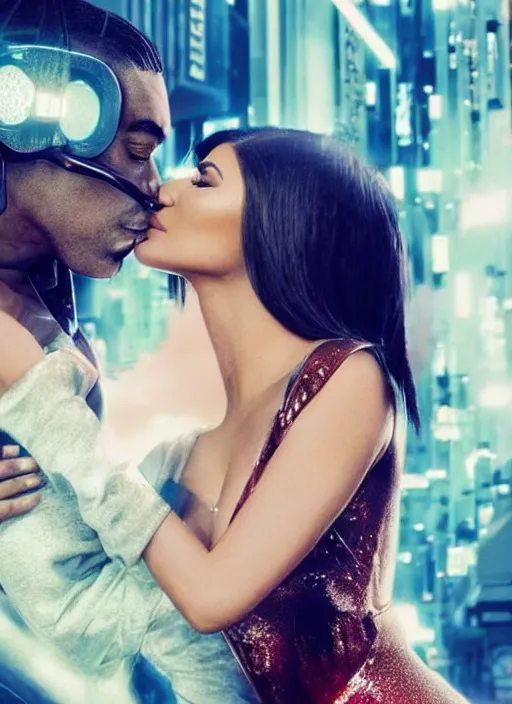 Image similar to film still of kylie Jenner kissing kim kardashian romanticly, scenic cyberpunk city backround, cinematic lighting, cinematic