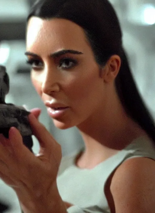 Image similar to movie still of kim kardashian with a alien facehugger face, in the movie alien. cinematic full shot.