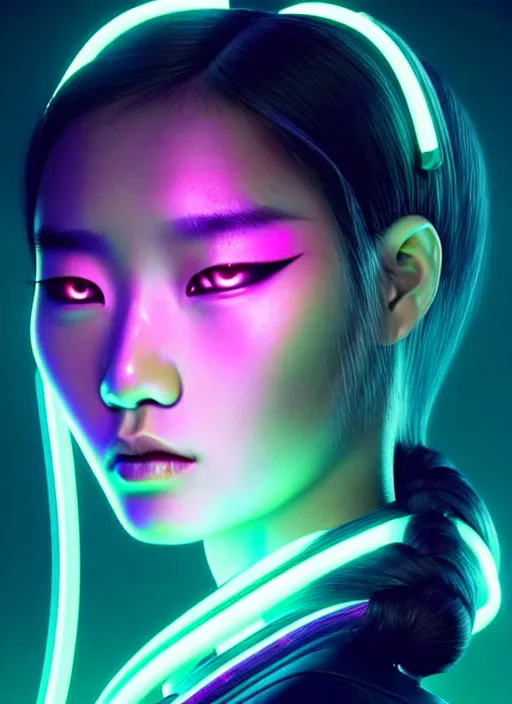 Prompt: an asian female humanoid with freckle cheeks, braided hairstyle, cyber neon lighting, futurism, cyberpunk high fashion, profile pose, hyper photorealistic, intricate futuristic jewelry details, digital photography, trending in artstation, trending in pinterest, cinematic, 4 k ultra hd, art by pascal blanche, art by artgerm, art by greg rutkowski,