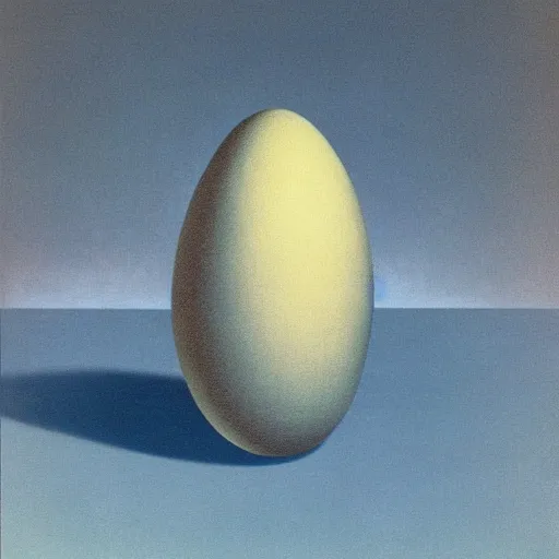 Prompt: a patterned egg againt a plain background by rene magritte