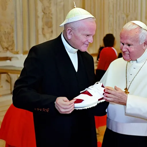 Prompt: john paul ii admiring a new yeezy sneaker in his hands