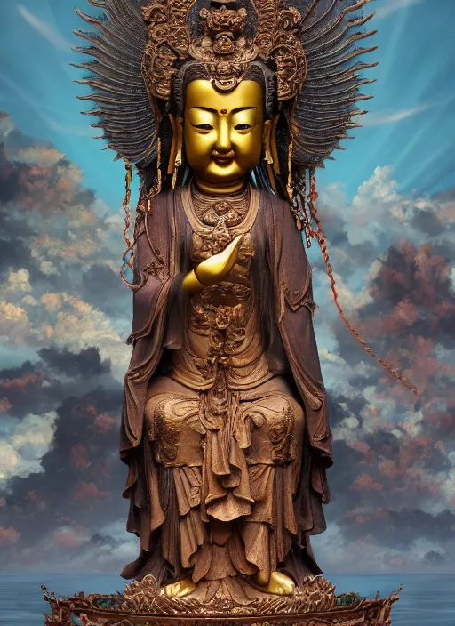 Image similar to guanyin stand on big loutus, a godness of the southern seas, a realistic setting with muted colors, visual novel cover, by yoshitaka amano, zeng fanzhi, jane hamilton, tiffany studios, sunrays shine uponit, frostbite 3 engine, cryengine, dof, trending on artstation, digital art, fantasy detailed background