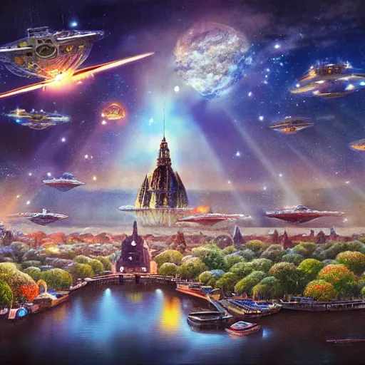 Prompt: city of amsterdam, millennium falcon in the sky, natural lighting, dreamy, on magic mashroom trip, psychedelic, intricate details, matte painting, illustration, by hayao miyazaki