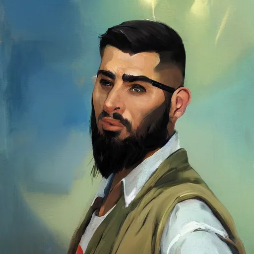 Image similar to greg manchess portrait painting of a young ducktail bearded middle eastern american male as overwatch character, medium shot, asymmetrical, profile picture, organic painting, sunny day, matte painting, bold shapes, hard edges, street art, trending on artstation, by huang guangjian and gil elvgren and sachin teng