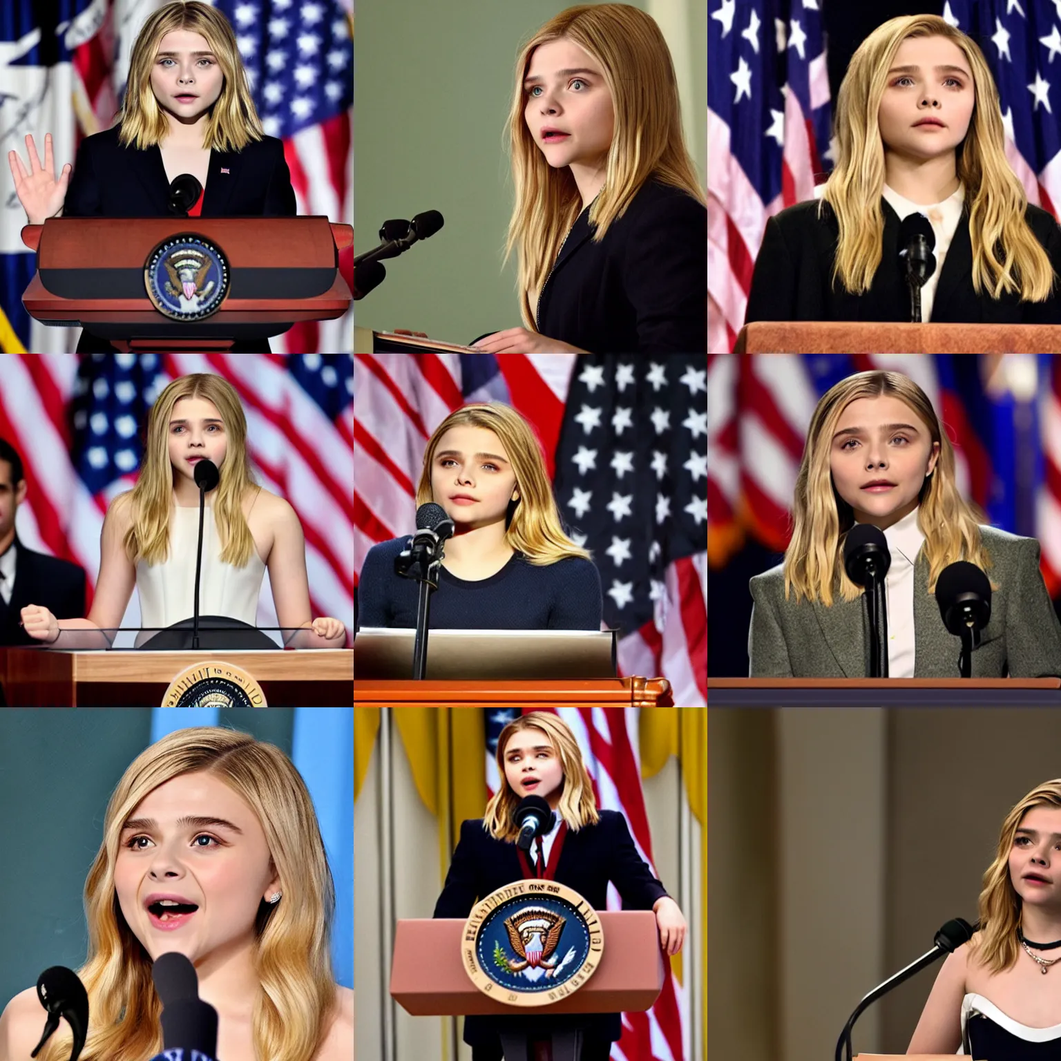 Prompt: Chloë Grace Moretz as President of the United States, giving a speech