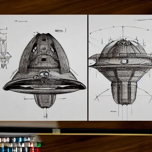 Image similar to various sketches of an alien spaceship in the style of leonardo da vinci, ultra detailed, scribbles, technical drawing, engineering blueprints