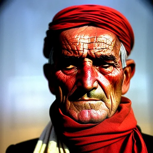 Image similar to portrait of president lyndon b johnson as afghan man, green eyes and red scarf looking intently, photograph by steve mccurry