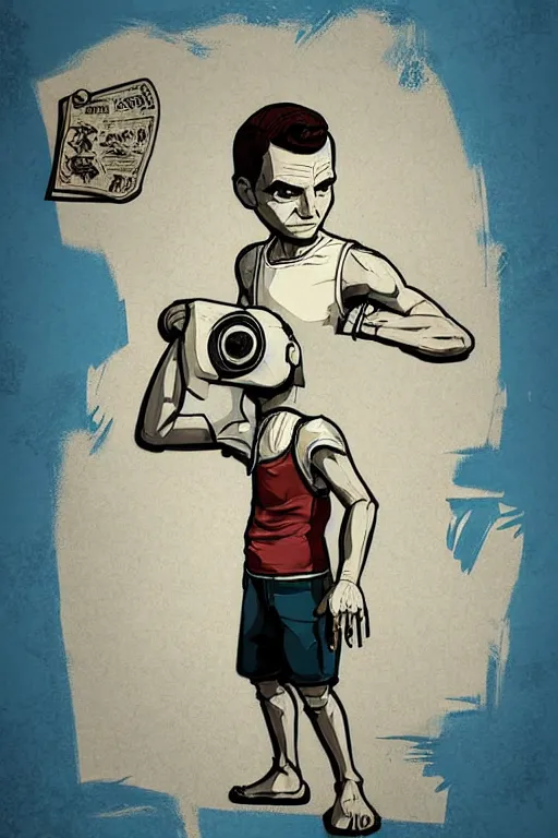 Prompt: boy with singlet tshirt and towel on shoulder, paper please art style, bioshock infinite art style, gta chinatown wars art style, pop art, proportional, digital arts, artstation, concept arts, smooth, sharp focus, illustration, intricate, hyperdetails, art by banksy and mimmo rottela, pixels art by paul robertson