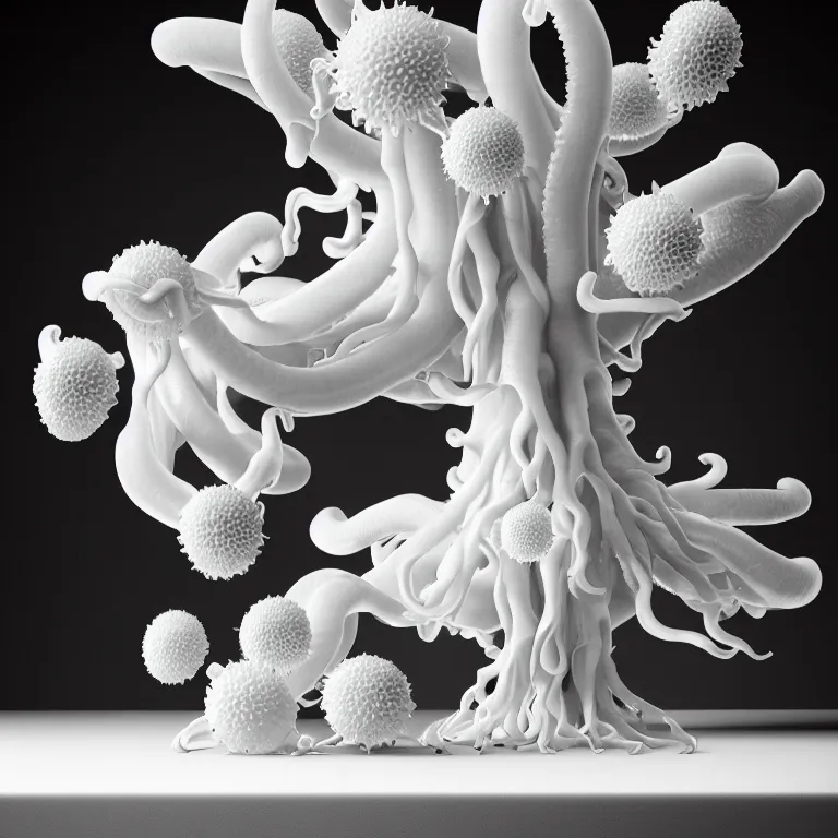 Image similar to still life of white flowers on a table, white alien squid, white octopus, , surreal alien ribbed white fruit, white human spine, baroque painting, beautiful detailed intricate insanely detailed octane render trending on Artstation, 8K artistic photography, photorealistic, chiaroscuro, Raphael, Caravaggio beautiful BW monochrome