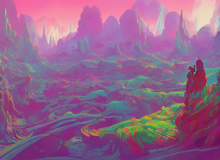 Prompt: psychedelic concept art of a landscape made of bananas, cel shaded, in the style of makoto shinkai and moebius and peter mohrbacher and anton fadeev