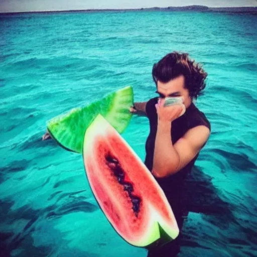 Image similar to “Watermelon whale with Harry Styles riding it”