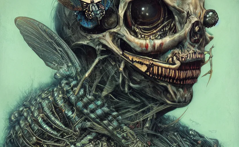 Prompt: death's head moth,highly detailed,cinematic,8k,by tristan eaton,Stanley Artgermm,Tom Bagshaw,Greg Rutkowski,Carne Griffiths, Ayami Kojima, Beksinski, Giger,trending on DeviantArt,face enhance,hyper detailed,horror, full of colour