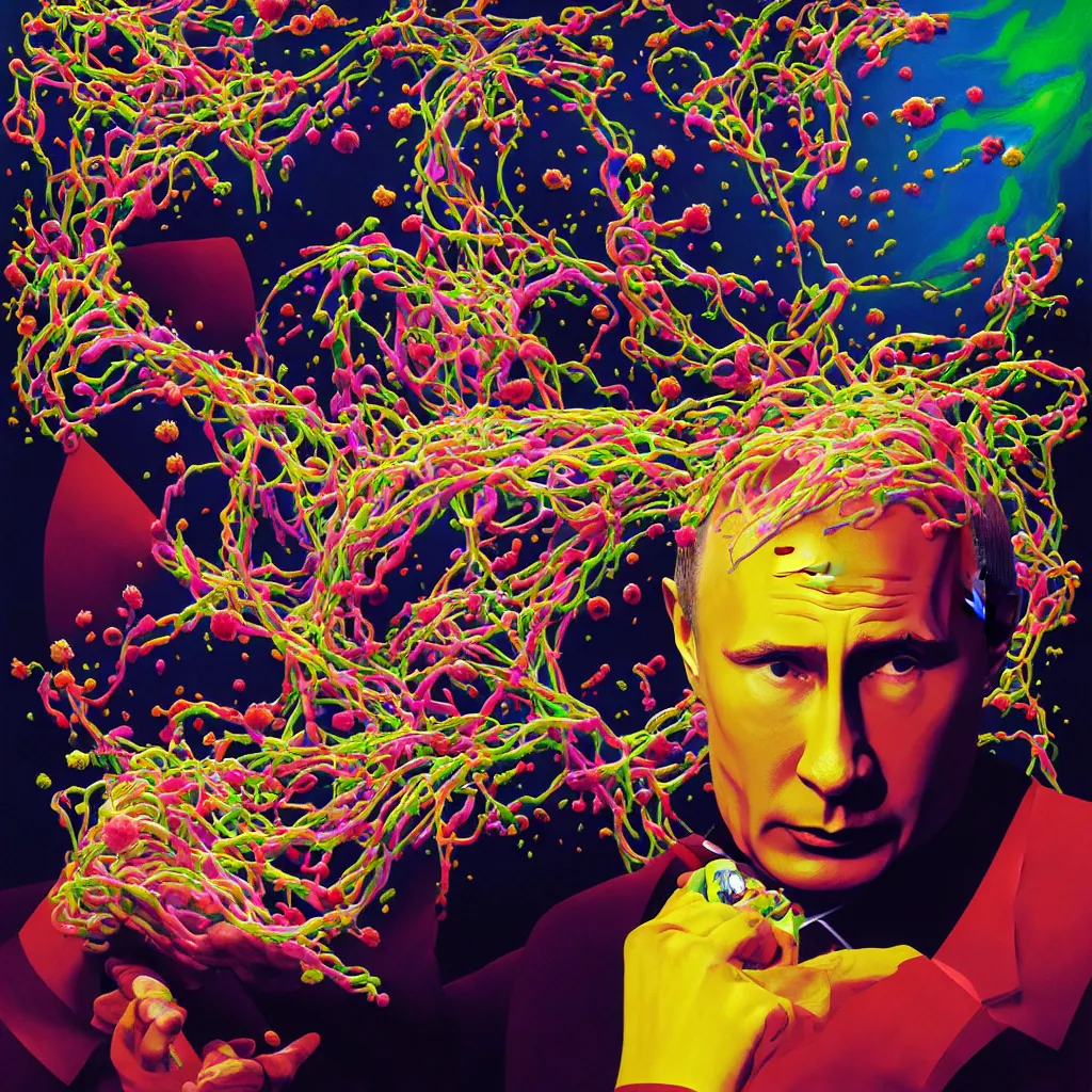 Image similar to portrait of vladimir putin eating of the Strangling network of colorful yellowcake and aerochrome and milky Fruit and His evil Hands hold gossamer polyp blossoms that bring iridescent fungal flowers whose spores black the foolish stars by Jacek Yerka, Mariusz Lewandowski, Houdini algorithmic generative render, Abstract brush strokes, Masterpiece, Edward Hopper and James Gilleard, Zdzislaw Beksinski, Wolfgang Lettl, Yayoi Kasuma, octane render, 8k