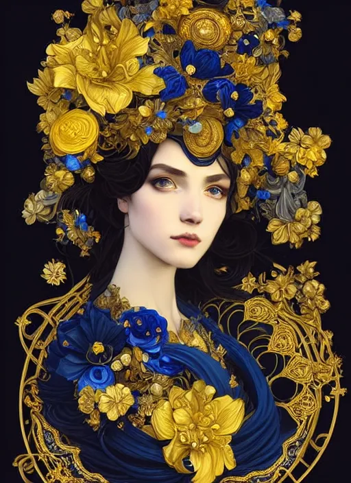 Image similar to beautiful black blue yellow, complicated gold and blue flowers in baroque style headwears, dark fantasy, intricate, elegant, highly detailed, digital painting, artstation, concept art, matte, 3 d 8 k octane rendered, sharp focus, illustration, octane rendered, art by artgerm and alphonse mucha, leesha hannigan