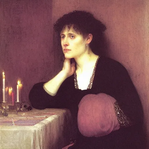 Image similar to a renaissance oil painting portrait by alma tadema of a mourning widow crying in sorrow in a dark room surrounded by candles, colourful pastel, detailed academic bouguereau, sharp focus