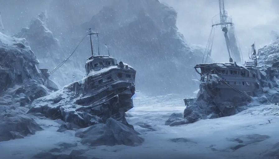 Image similar to abandoned ship in snowy mountains in a frozen planet, hyperdetailed, artstation, cgsociety, 8 k
