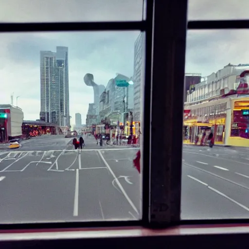 Prompt: <photograph accurate=true quality=very-high>looking out the window at a busy city street</photograph><photobomb>Flying spaghetti monster</photobomb>