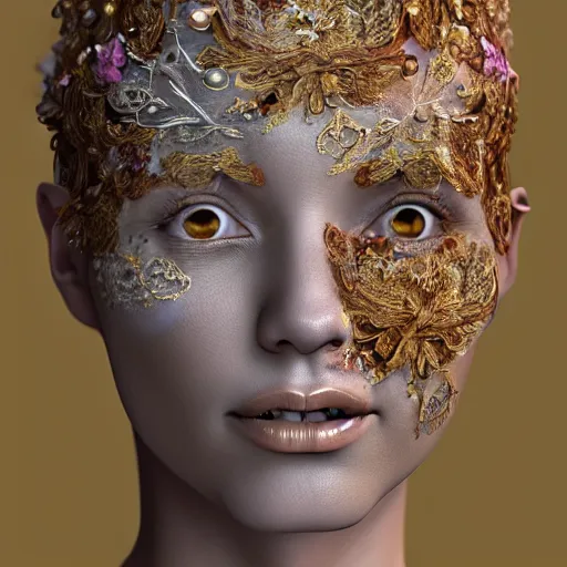 Image similar to beatifull face portrait of a woman, 150 mm, anatomical, flesh, flowers, mandelbrot fractal, facial muscles, veins, arteries, intricate, golden ratio, full frame, microscopic, elegant, highly detailed, ornate, ornament, sculpture, elegant , luxury, beautifully lit, ray trace, unreal, 3d, PBR, in the style of peter Gric , alex grey and Romero Ressendi