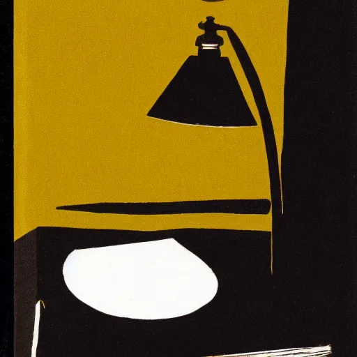 Prompt: 2 0 0 0 s book cover, lamp, linocut, tones of black, dot