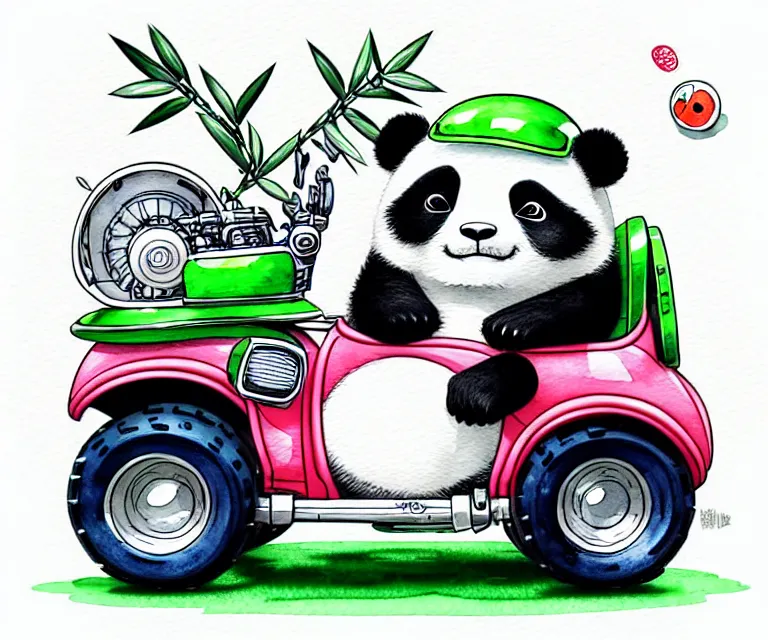 Image similar to cute and funny, panda wearing a helmet riding in a tiny fourwheeler with oversized engine, ratfink style by ed roth, centered award winning watercolor pen illustration, isometric illustration by chihiro iwasaki, edited by range murata, tiny details by artgerm, symmetrically isometrically centered