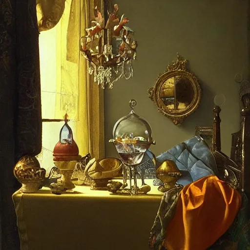 Prompt: still life painting of a miniature tabletop faery palace under an ornate glass dome, by paulette tavormina and vermeer, surrealism, faery palace, velvet tablecloth, hyper realistic, sharp focus, beautiful bright lighting, rudolf ernst