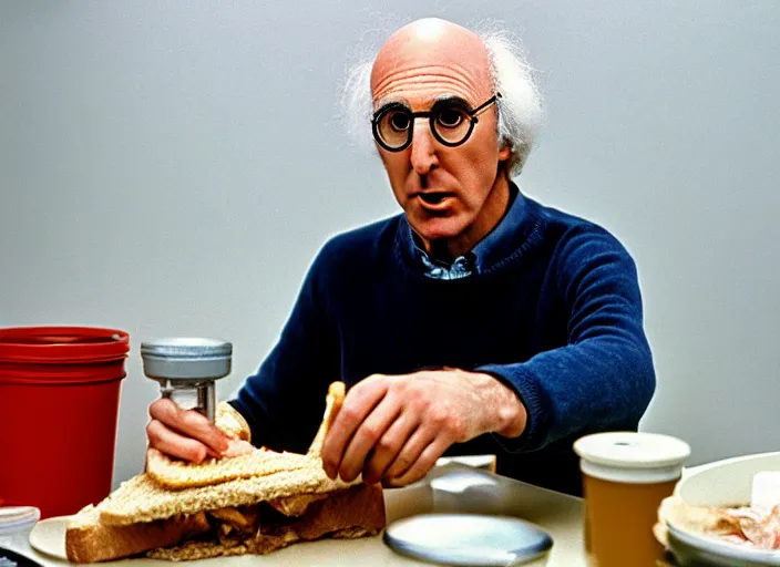 Image similar to a scene from 1 9 8 2 the thing larry david eating a sandwich, vhs distortion, cathode ray tube distortion, folk horror, hauntology, 8 k, 8 5 mm f 1. 8, studio lighting, rim light, right side key light