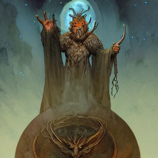 Image similar to a druid standing in a circle at the beginning of the world by alan lee and peter mohrbacher and frank frazetta and mike mignola