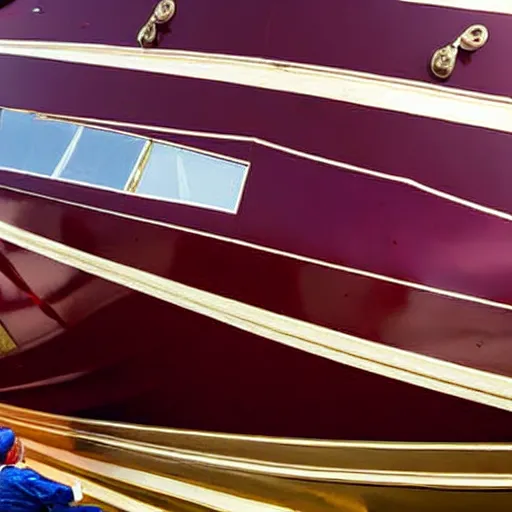 Image similar to wrinkled hunchbacked old man in musty burgundy suit, polishing painting the side of a huge gold plated mega yacht with a cloth, maintenance photo