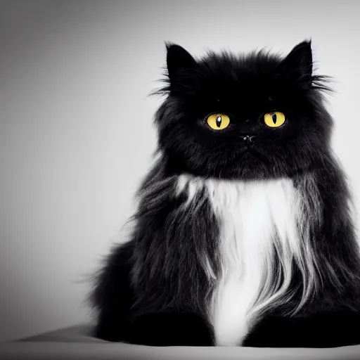 Image similar to national geographic photograph of a black persian cat sitting in a white room