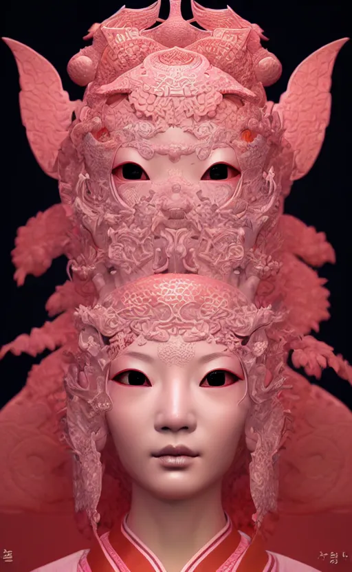 Image similar to 3 d goddess close - up profile portrait. beautiful intricate highly detailed korean gumiho mask and traditional korean hanbok. stingray, magpie, bio luminescent, plasma, lava, ice, water, wind, creature, artwork by tooth wu and wlop and beeple and greg rutkowski, cgsociety,