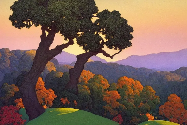 Prompt: masterpiece painting of oak trees along the ridge at dawn, by a. j. casson and john watkiss and edward okun and dan munford and maxfield parrish and kelly freas and j. c. leyendecker and erin hanson